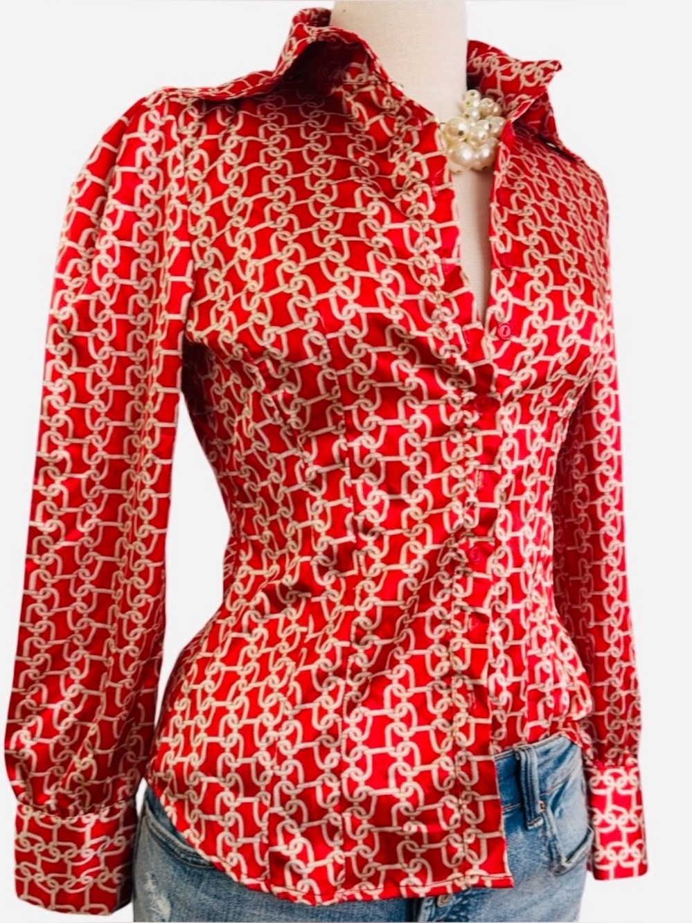 FOREVER - Red Chain-Print Button Down Shirt